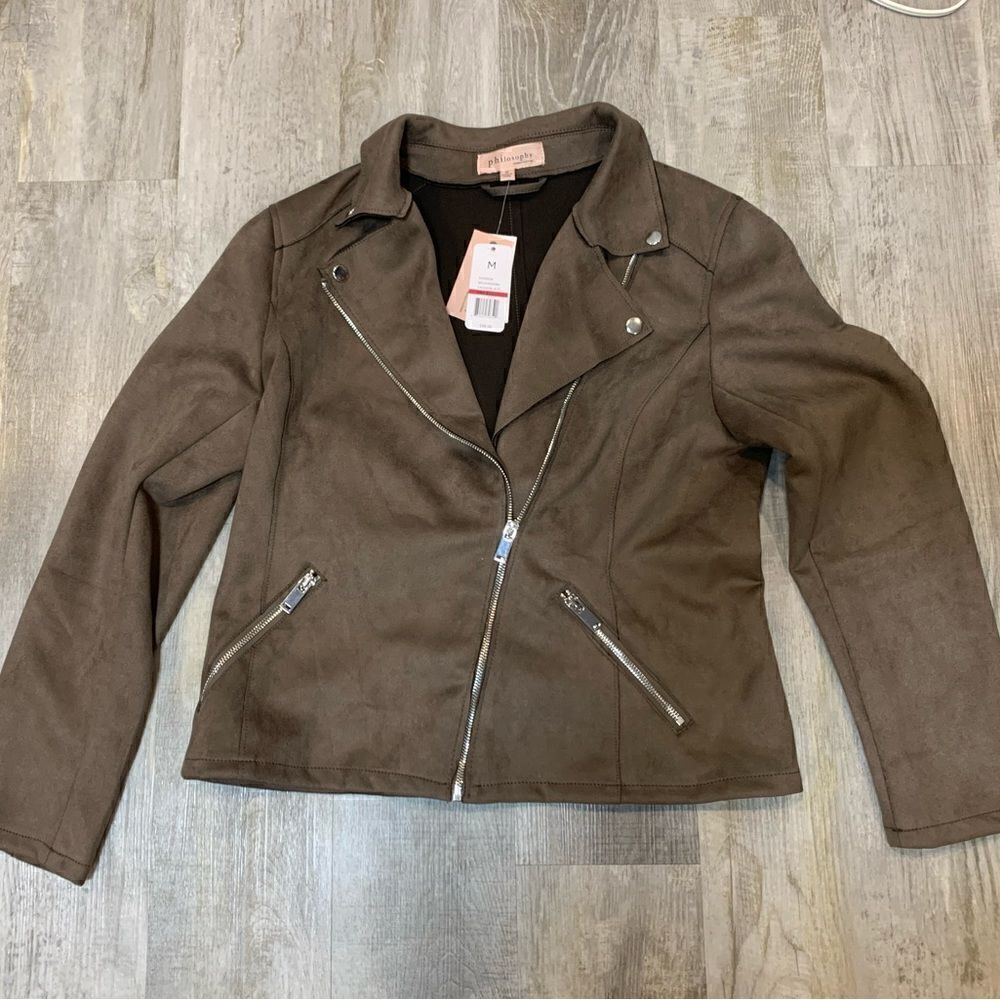 Nwt’s Philosophy Faux leather moto brown/ jacket mushroom fashion - Picture 6 of 14
